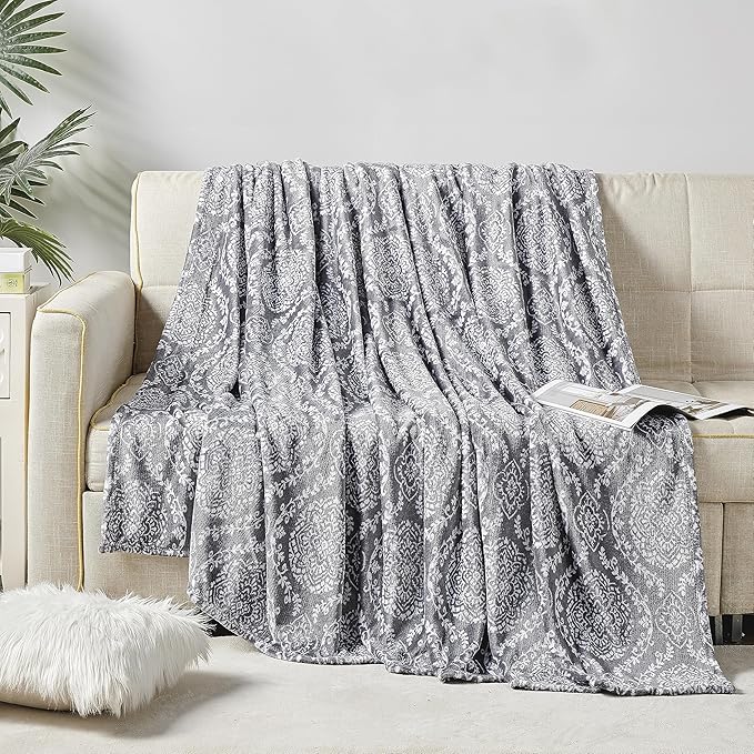 Elegant Comfort Ultra Soft Print Flannel Fleece Bed Blanket, Cozy-Fuzzy Lightweight Bedspread Coverlet, All Season Decorative Blanket for Couch, Sofa, Ogee Design, King Size, Gracey