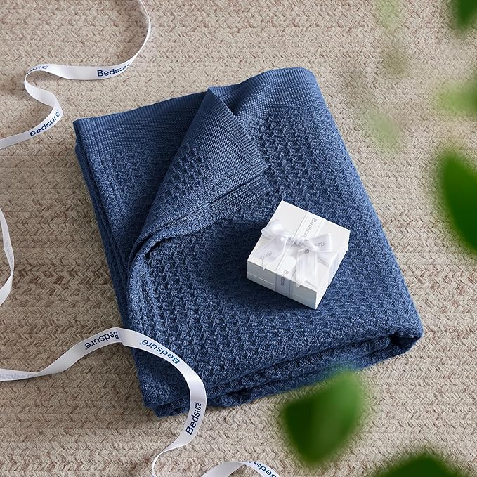 Bedsure Gentlesoft 100% Cotton Blanket King Size for Bed - Cooling Breathable and Soft for Spring Summer, Thick Cozy Waffle Weave Blanket Gifts for Women, Navy, 104x90 inches