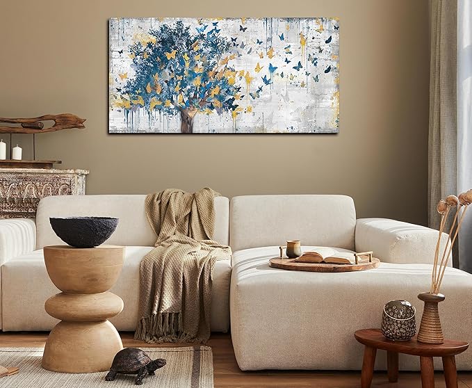 Kepgonegu Large Canvas Wall Art Blue Tree Golden Butterflies Picture Abstract Grey Graffiti Canvas Prints Ready to Hang for Living Room Bedroom Size 24x48