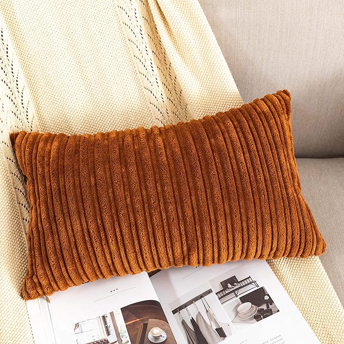 UGASA Corduroy Striped Soft Soild Decorative Throw Pillow Covers Set Cushion Cases Pillowcases for Sofa Bedroom, 2 Pcs, 12x20inch, Brown