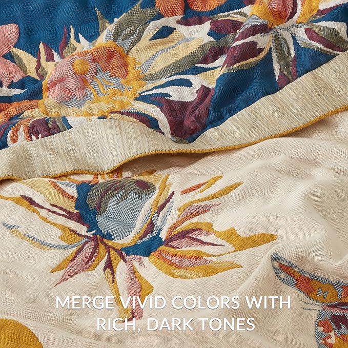 Boho Throw Blanket for Couch Sofa Bed, 100% Cotton Woven Quilt with Tassel 80”x90”, Super Soft Muslin Blanket with Floral Printed, Decorative Reversible Bed Blanket/Cover for All Seasons