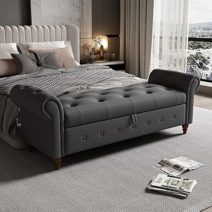Aoowow Rolled Arm Storage Benches for Bedroom End of Bed Ottoman Bench 63" Long Bench with Storage and Seating for Living Room,Entryway,Window,Button Tufted with Solid Wood Legs (Linen Dark Grey)