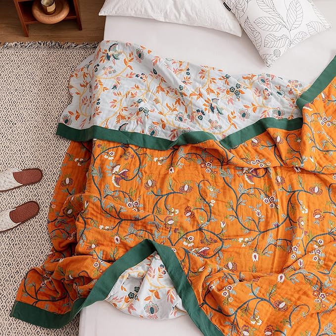 Scientific Sleep Vine Floral Blossom Senior Retro 100% Cotton Muslin Blanket Throw Cover for Bed Couch Sofa Cozy Soft Reversible Bedding Blanket Quilt Bedspread Coverlet Full Queen 80 in x 90 in