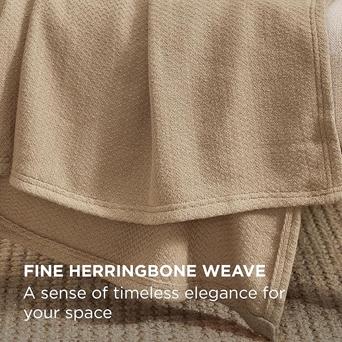 Bedsure GentleSoft 100% Cotton Large Throw Blanket for Couch 50x70 inches - Breathable and Lightweight, Soft Cozy Herringbone Woven Cotton Throw for Summer Spring, Light Brown Office Chair Blanket