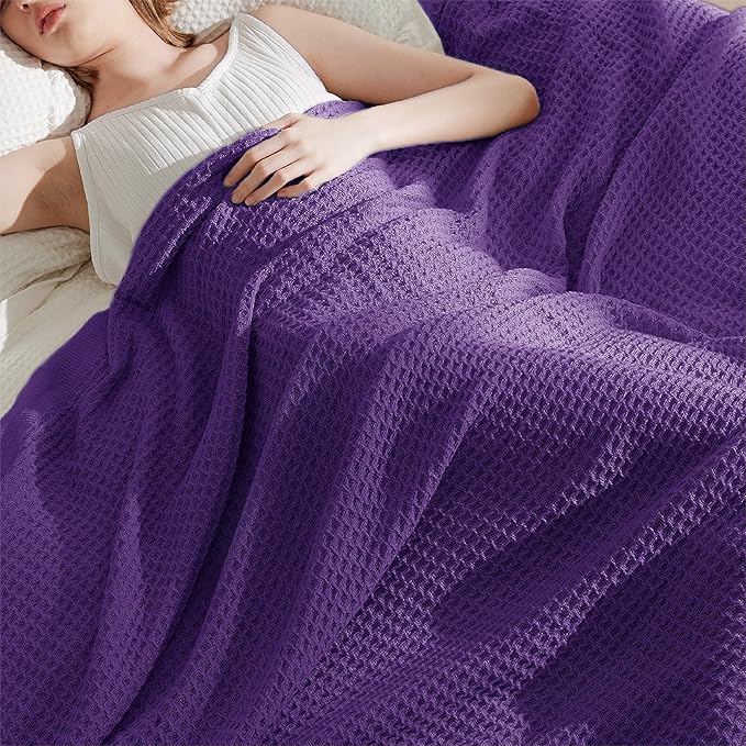 Bedsure Gentlesoft 100% Cotton Throw Blanket for Couch 50x70 inches - Breathable and Soft for Spring Summer, Waffle Weave Throw Blanket for Office, Purple