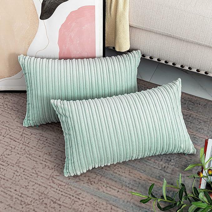 UGS UGASA Velvet Pillow Covers Striped, Spring Decorative Throw Pillow Cover Cushion Case with Hidden Zipper for Home Couch/Bedroom, Soft Cozy Solid Oblong, 1 Pack (12"x20", Mint Green)