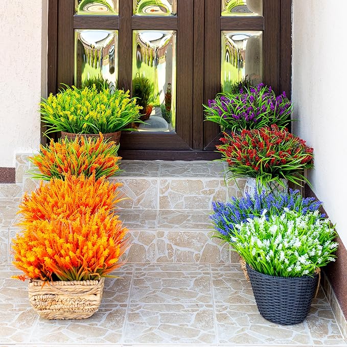 Artificial Flowers for Outdoors Plants - 20 Bundles Fake Lavender Plastic Faux Monkey Grass UV Resistant for Home Decorations (20, White)