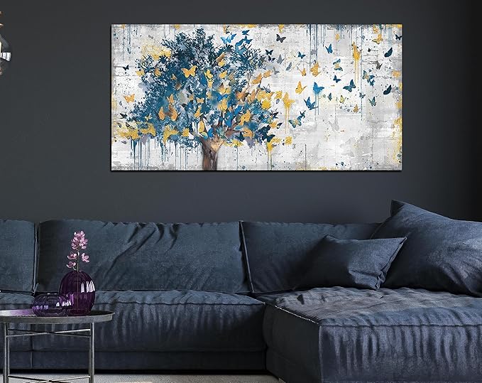 Kepgonegu Large Canvas Wall Art Blue Tree Golden Butterflies Picture Abstract Grey Graffiti Canvas Prints Ready to Hang for Living Room Bedroom Size 20x40