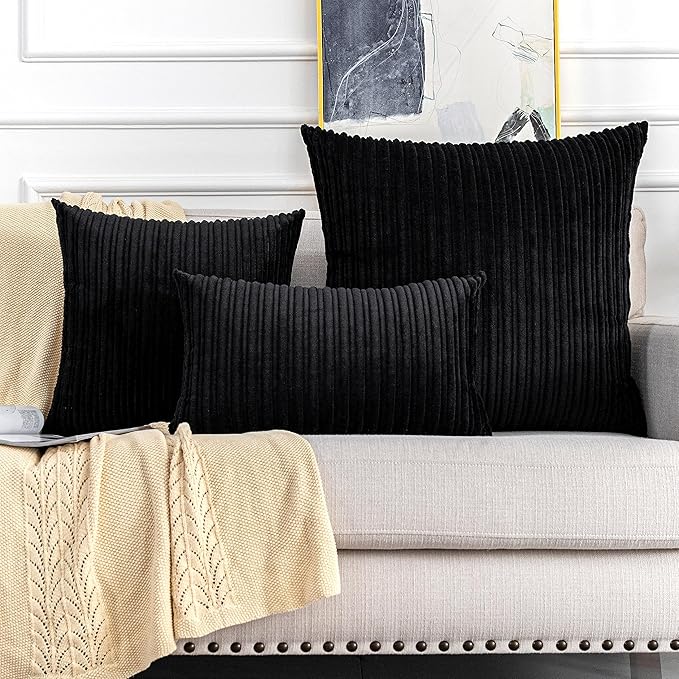 UGS UGASA Velvet Corduroy Throw Pillow Cover for Bed, 1 Pc, 26" x 26" (Pack of 1) (66 x 66 cm), Black