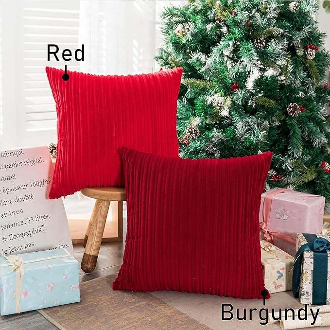 UGASA Valentines Corduroy Striped Soft Soild Decorative Square Throw Pillow Covers Set Cushion Cases Pillowcases for Sofa Bedroom, 2 Pcs, 26x26inch, Red