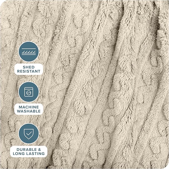 Bare Home Faux Shearling Blanket - Blanket for Bed, Sofa, Couch, Camping, Travel, and Gifts - Warm & Lightweight Throw - Fluffy & Soft (Twin/Twin XL, Cable Oyster)