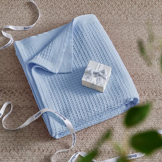 Bedsure Gentlesoft 100% Cotton Blanket Queen Size for Bed - Cooling Breathable and Soft for Spring Summer, Thick Cozy Waffle Weave Blanket Gifts for Women, Sky Blue, 90x90 Inches