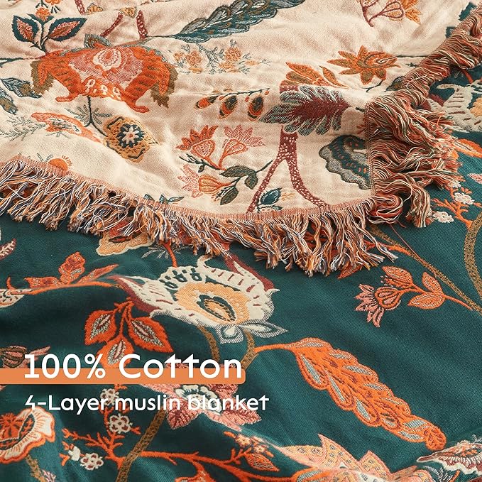 Boho Throw Blanket for Bed 60”x80”, 100% Cotton Woven Blanket for Couch Sofa, Ultra Soft 4-Layer Muslin Quilt with Floral Printed, Farmhouse Bed Blanket/Cover for Living Room Decor