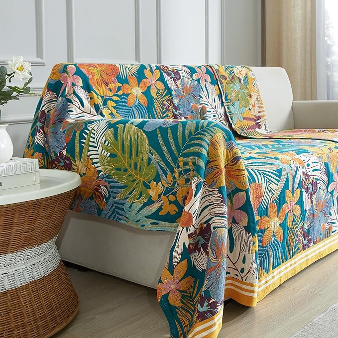 Boho Throw Blanket for Bed 80”x90”, 100% Cotton Woven Blanket for Couch Sofa, Ultra Soft 4-Layer Muslin Quilt with Floral Printed, Farmhouse Bed Blanket/Cover for Living Room Decor