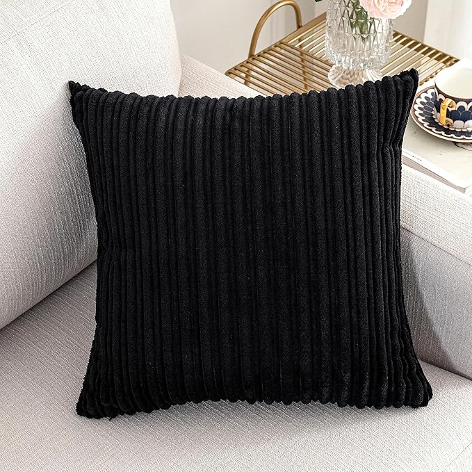 UGASa Striped Textured Velvet Corduroy Decorative Europe Sham Throw Pillow Cushion Cover for Couch, 1 Pc, (45x45 cm, 18inch), Black