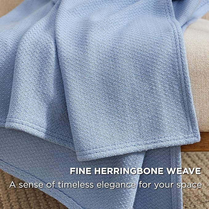 Bedsure GentleSoft 100% Cotton Large Throw Blanket for Couch 50x70 inches - Breathable and Lightweight, Soft Cozy Herringbone Woven Cotton Throw for Summer, Ashley Blue Office Chair Blanket