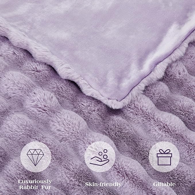 JONIYEAR Extra Large Soft Fuzzy Bubble Faux Rabbit Fur Bed Blanket Queen Size 80" x 90", Reversible Aesthetic Warm Thck Fluffy Blanket for Winter, Luxury Cozy Shaggy Plush Furry Blankets,Lilac Purple