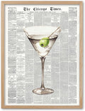 EcoHest Trendy Newspaper Martini Framed Wall Art, 12x16 in OAK Wood Retro Bar Cart Canvas Art, Magazine Aesthetic Apartment Art, Beige Logs Funky 70's Set of 1 for Bedroom Living Room
