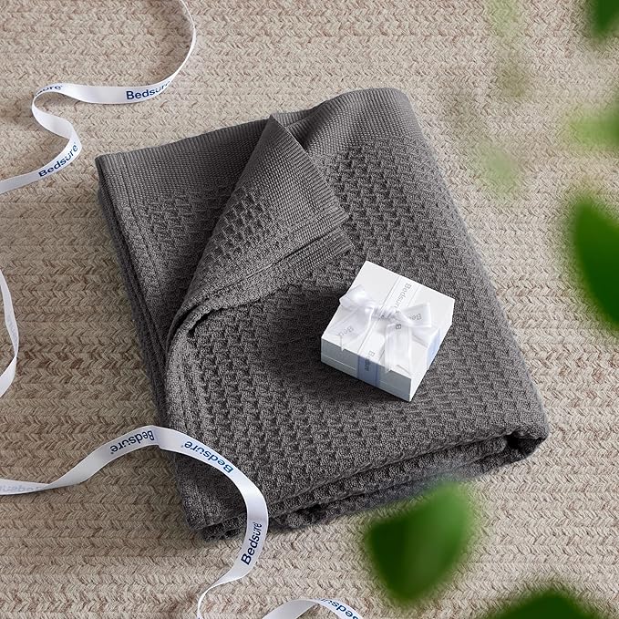 Bedsure Gentlesoft 100% Cotton Throw Blanket for Couch 50x70 inches - Cooling Breathable and Soft for Spring Summer, Waffle Weave Throw Blanket for Office, Dark Grey