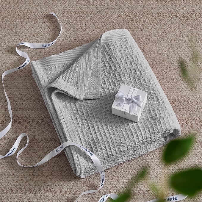 Bedsure Gentlesoft 100% Cotton Blanket Twin XL Size for College Dorm - Cooling Breathable and Soft for Spring Summer, Waffle Weave Twin Blanket for Bed, Dorm Room Essentials, Grey, 66x90 inches