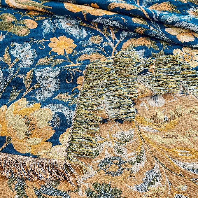 Boho Throw Blanket King, 100% Organic Cotton Breathable Ultra Soft 91" x 98" Bed Quilt Throw - All Season Floral Rustic Farmhouse Decor Reversible Blanket for Sofa Couch Chair and Gift
