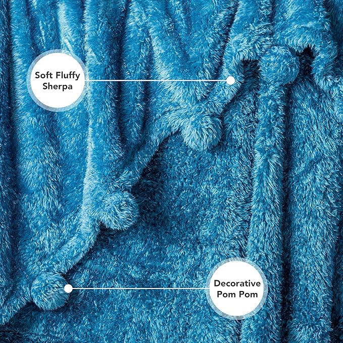 PAVILIA Teal Sherpa Throw Blanket for Couch, Warm Plush Pom Pom Blanket Twin, Fuzzy Sofa Throw for Bed, Lightweight Soft Cozy Fluffy Blanket With Pom Poms, Turquoise, 60x80