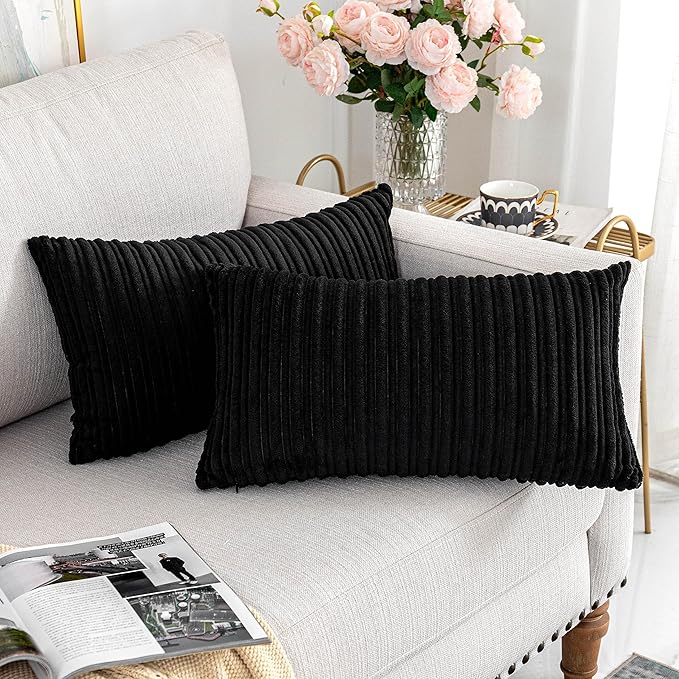 UGASA Velvet Lumbar Throw Pillow Cover, Both Sides Corduroy Striped Soft Solid Decorative Rectangular Cushion Case for Couch/Bedroom/Car, 1 Pack, 12x20 Inch, Black
