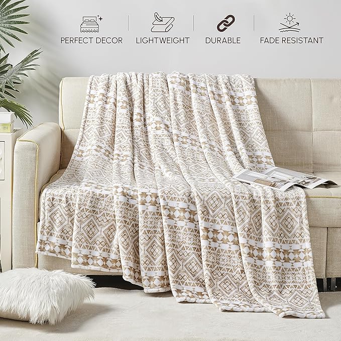Elegant Comfort Ultra Soft Print Flannel Fleece Bed Blanket, Cozy-Fuzzy Lightweight Bedspread Coverlet, All Season Decorative Blanket for Couch, Sofa, Geometric Design, King Size, Tala