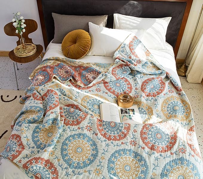Scientific Sleep Boho Round Retro Farmhouse 100% Cotton Muslin Blanket Throw Cover for Bed Couch Sofa Cozy Soft Reversible Bedding Blanket Bedspread Coverlet Twin 60 in x 80 in