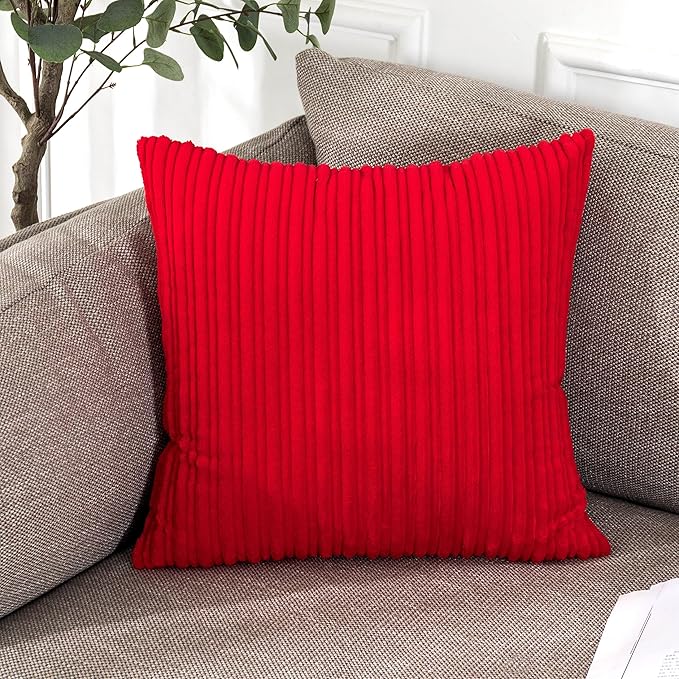 UGASA Valentines Corduroy Striped Soft Soild Decorative Square Throw Pillow Covers Set Cushion Cases Pillowcases for Sofa Bedroom, 2 Pcs, 26x26inch, Red