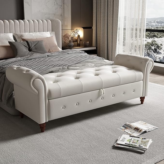 Aoowow Rolled Arm Storage Benches for Bedroom End of Bed Ottoman Bench 63" Long Bench with Storage and Seating for Living Room,Entryway,Window,Button Tufted with Solid Wood Legs (Linen Beige)