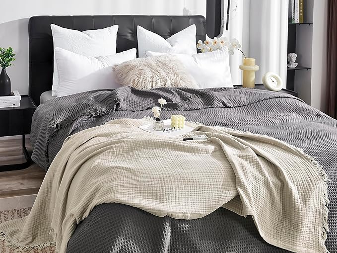 KyraHome 100% Organic Cotton Muslin Blankets for Adults, Kids, Large 60“x80 Plant Dyed Breathable Lightweight Gauze Soft Cotton Throw Blanket for Couch, All Season, Oatmeal Khaki
