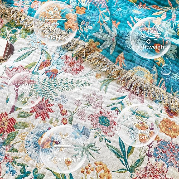 Boho Throw Blanket for Couch Sofa Chair Cotton Spring Blankets for Bedroom Living Room All Season Lightweight Reversible Floral Embroidery Throws 50"x60"