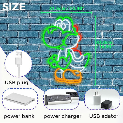 Anime Neon Sign Dinosaurs Neon Sign Dimmable LED Neon Lights for Bedroom Wall Decor Game Room Decor Mario Decor for Kids Boys Man Cave, Gifts for Mario Fans