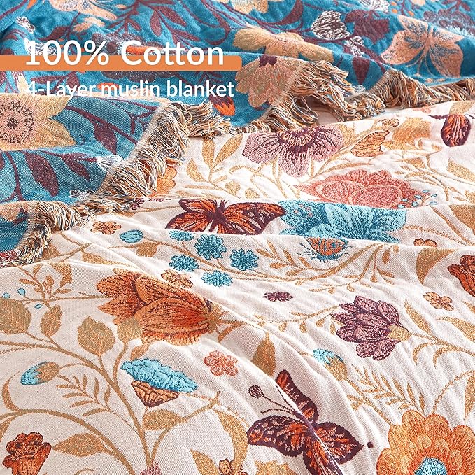 Boho Throw Blanket for Bed 90”x98”, 100% Cotton Woven Blanket for Couch Sofa, Ultra Soft 4-Layer Muslin Quilt with Floral Printed, Farmhouse Bed Blanket/Cover for Living Room Decor