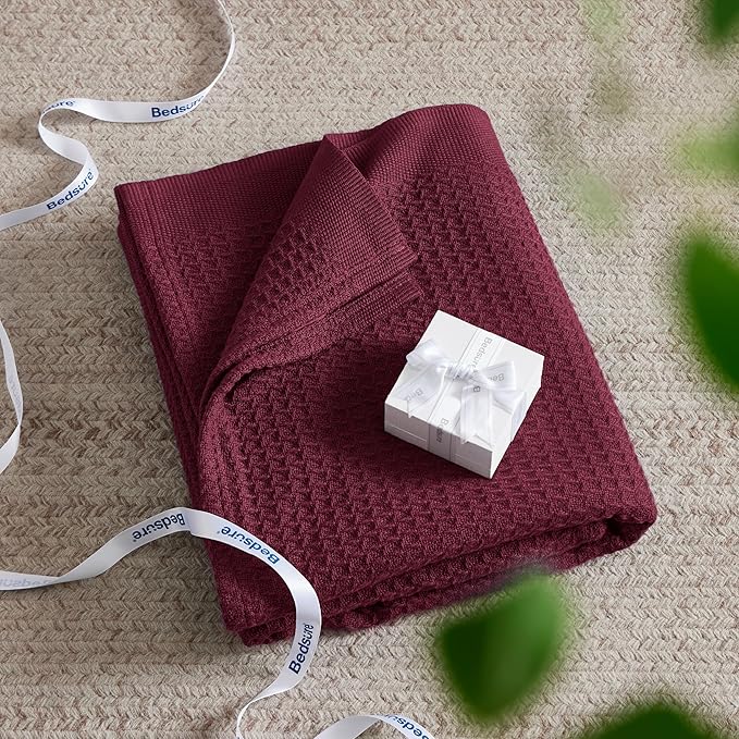 Bedsure Gentlesoft 100% Cotton Blanket King Size for Bed - Breathable and Soft for Spring Summer, Thick Cozy Waffle Weave Blanket Gifts for Women, Red, 104x90 inches