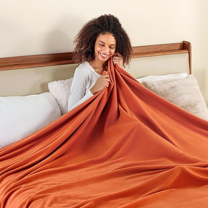 Berkshire Blanket Microfleece Queen Size Bed Blanket Amberglow Orange, Lightweight Soft Breathable Plush Micro Fleece Blanket for Bed Couch Sofa, 90x90 Inches