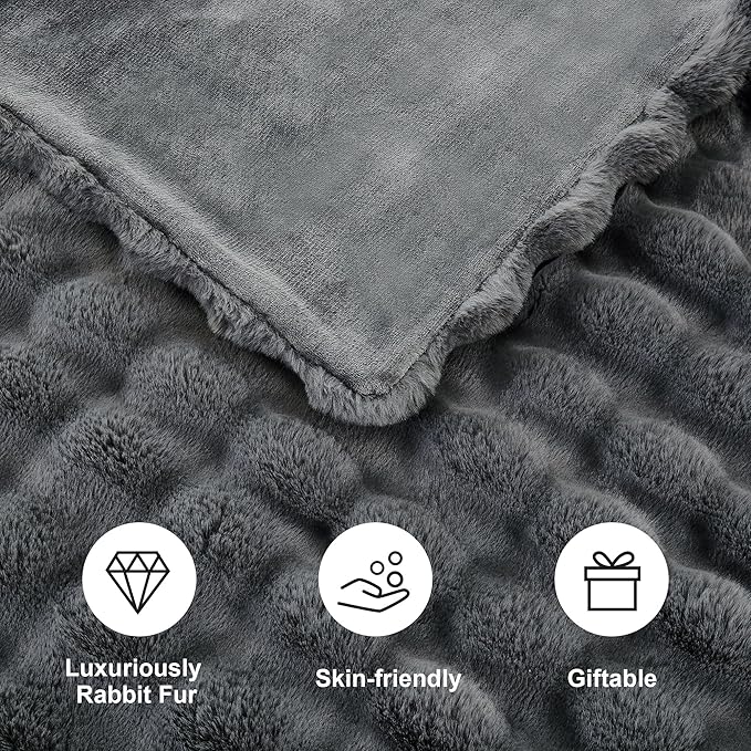 DREAMNINE Oversized Soft Thick Fuzzy Faux Rabbit Fur Throw Blanket Twin Size 60" x 71", Double Sided Comfy Plush Warm Shaggy Fluffy Blankets,Solid Luxury Cozy Cute Furry Blanket for Bed Couch Pet,Grey