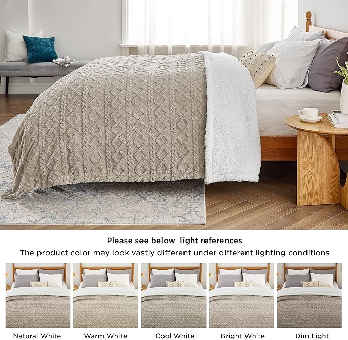 Bedsure Gentlesoft Sherpa King Size Blanket for Bed- Fleece Fluffy & Cozy Cable Jacquard Tufted for Women Gift, Thick and Warm Christmas Blanket for Winter, Beige, 108x90 Inches