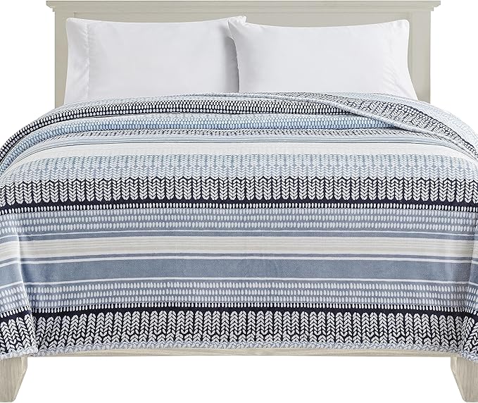 Elegant Comfort Ultra Soft Print Flannel Fleece Bed Blanket, Cozy-Fuzzy Lightweight Bedspread Coverlet, All Season Decorative Blanket for Couch, Sofa, Striped Design,Queen Size, Anissa