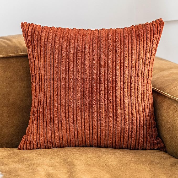 UGASA Fall Decor Super Soft Striped Corduroy Pillow Covers Large Throw Pillow Sham Cushion Cover Living Room, 2 Pcs, 26" x 26" (66cm), Burnt Brick