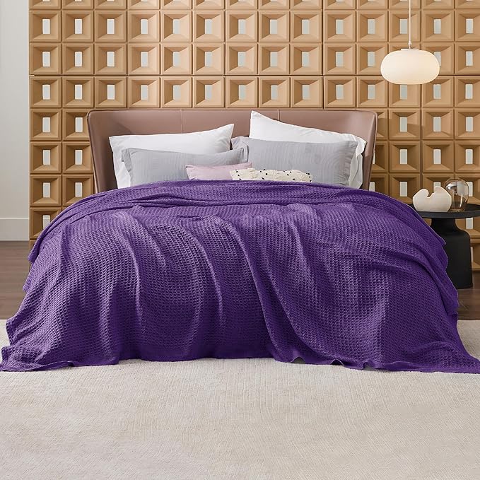 Bedsure Gentlesoft 100% Cotton Blanket King Size for Bed - Breathable and Soft for Spring Summer, Thick Cozy Waffle Weave Blanket Gifts for Women, Purple, 104x90 inches
