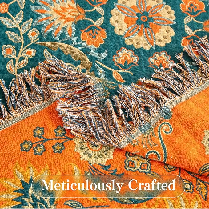 Boho Throw Blanket Throw Size, Soft Cozy Cotton Muslin Quilt Blanket for Bed Decor, Bird Patterned Couch Sofa Chair Cover, Vintage Farmhouse Cottage Tapestry Woven Blanket, Orange&Green