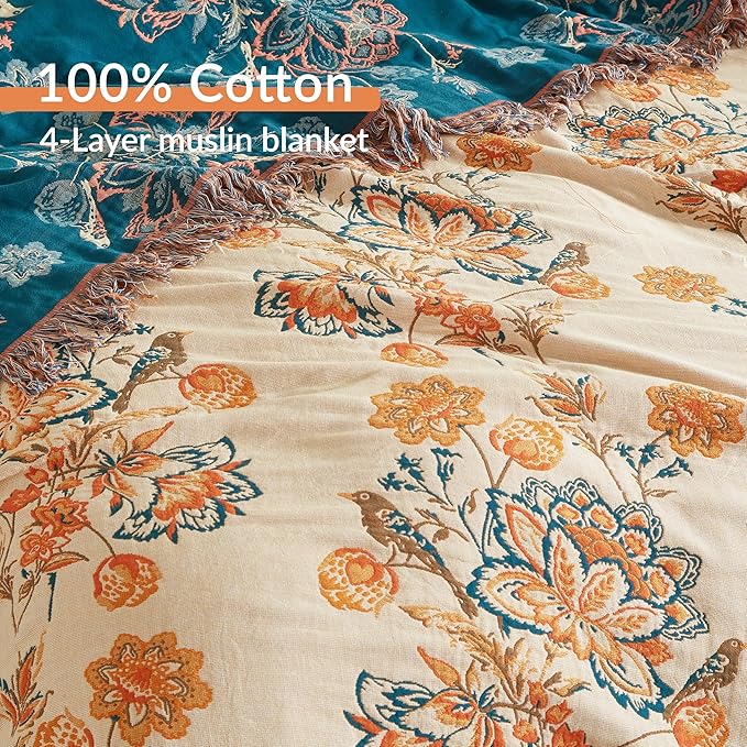 Boho Throw Blanket for Bed 90”x98”, 100% Cotton Woven Blanket for Couch Sofa, Ultra Soft 4-Layer Muslin Quilt with Floral Printed, Farmhouse Bed Blanket/Cover for Living Room Decor