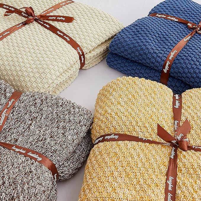 Longhui bedding Gold Knitted Throw Blanket for Couch, Soft, Cozy Machine Washable 100% Cotton Sofa Blanket, Heavy 2.5lb Weight, Laundry Bag Included, Mustard Yellow and White