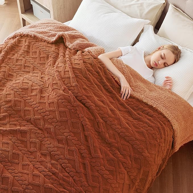 Bedsure Gentlesoft Sherpa Fleece Throw Blanket for Couch - Fluffy & Cozy Cable Jacquard Tufted Throw for Women Gift, Thick and Warm Christmas Blanket for Winter, Orange, 50x60 Inches