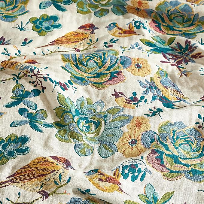 Boho Throw Blanket for Bed 60”x80”, 100% Cotton Woven Blanket for Couch Sofa, Ultra Soft 4-Layer Muslin Quilt with Floral Printed, Farmhouse Bed Blanket/Cover for Living Room Decor