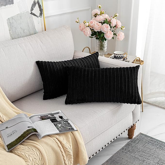 UGASA 14x20 Inch Pillow Cover Pack of 1 Soft Boho Stripe Corduroy Long Rectangular Lumbar Cushion Cover Farmhouse Decorative Throw Pillowcase for Bed, Couch, Sofa, Bedroom, Living Room, Black