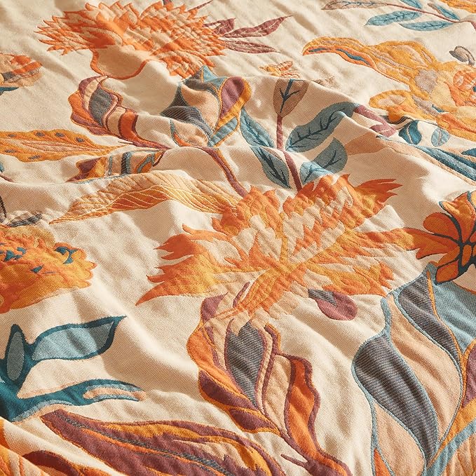 Boho Throw Blanket for Bed 50”x60”, 100% Cotton Woven Blanket for Couch Sofa, Ultra Soft 4-Layer Muslin Quilt with Floral Printed, Farmhouse Bed Blanket/Cover for Living Room Decor