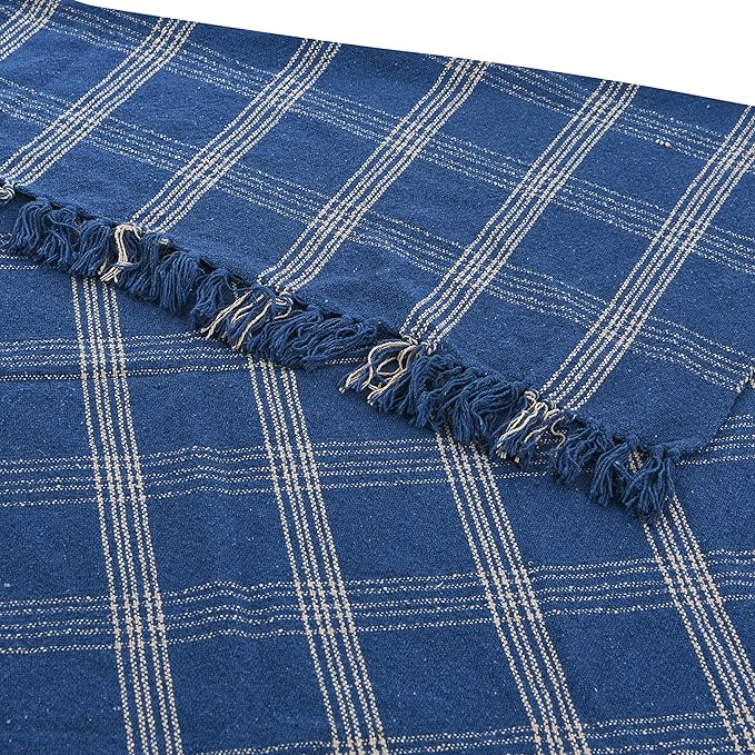 Creative Co-Op Recycled Cotton Blend Throw Blanket with Fringe, Blue Plaid (Pack of 4)